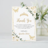 Ivory White Floral Gold Butterflies Quinceañera Bedankkaart (Staand voorkant)