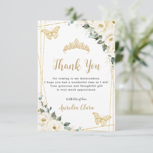 Ivory White Floral Gold Butterflies Quinceañera Bedankkaart (Staand voorkant)