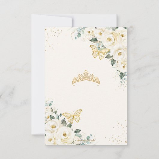 Ivory White Floral Gold Butterflies Quinceañera Bedankkaart (Achterkant)