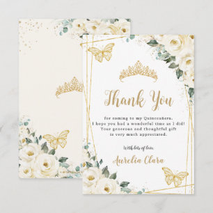 Ivory White Floral Gold Butterflies Quinceañera Bedankkaart