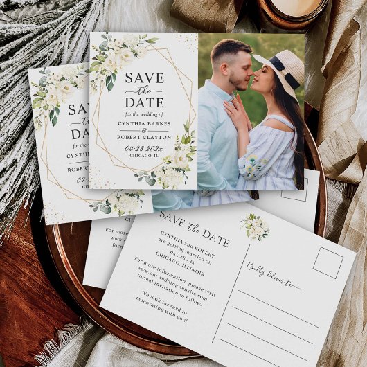 Ivory White Floral Gold Geometric Save the Date Briefkaart