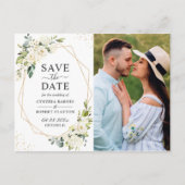 Ivory White Floral Gold Geometric Save the Date Briefkaart (Voorkant)