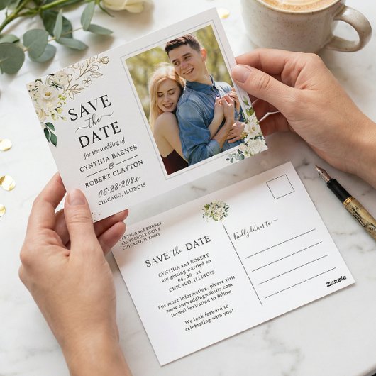 Ivory White Floral Gold Photo Save the Date Briefkaart