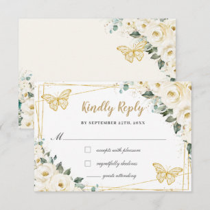 Ivory White Floral Gold Quinceañera Princess Reply RSVP Kaartje