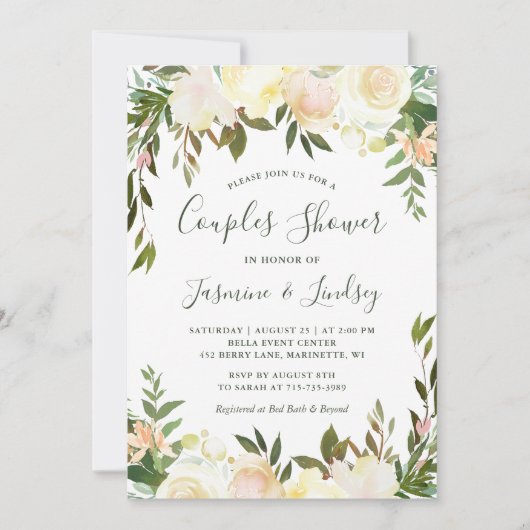 Ivory White Floral Greenery Wedding Couples Shower Kaart (Voorkant)