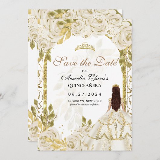 Ivory White Floral Princess Gold Arch Quinceanera Aankondiging (Voorkant / Achterkant)
