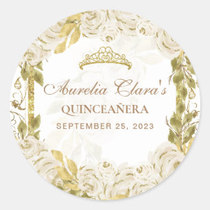 Ivory White Floral Princess Gold Arch Quinceanera Ronde Sticker
