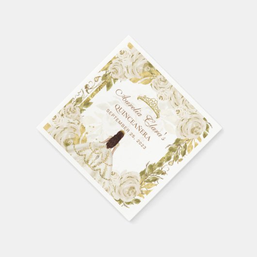 Ivory White Floral Princess Gold Arch Quinceanera Servet (Hoek)