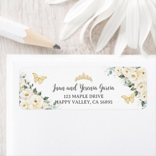 Ivory White Floral Quinceanera Return Address Etiket (Insitu)