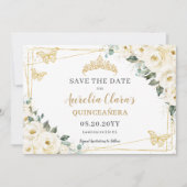 Ivory White Floral Quinceanera Sweet 16 Butterfly Save The Date (Voorkant)