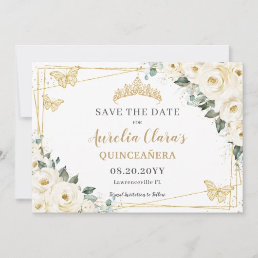 Ivory White Floral Quinceanera Sweet 16 Butterfly Save The Date (Voorkant)