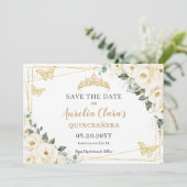 Ivory White Floral Quinceanera Sweet 16 Butterfly Save The Date (Staand voorkant)