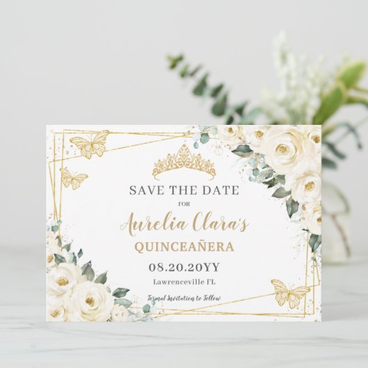 Ivory White Floral Quinceanera Sweet 16 Butterfly Save The Date (Staand voorkant)