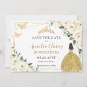 Ivory White Floral Quinceanera Sweet 16 Princess Save The Date (Voorkant)