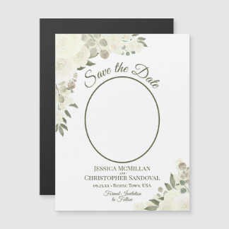 Ivory White Floral Save the Date Oval Photo Magnet