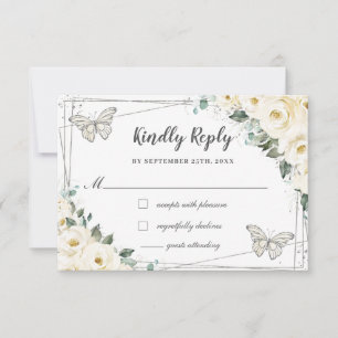 Ivory White Floral Silver Quinceañera Butterflies RSVP Kaartje