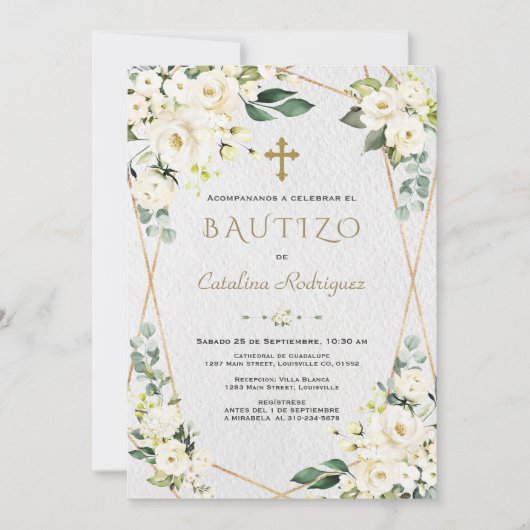 Ivory White Floral Spain Invitacion De Bautizo Kaart (Voorkant)
