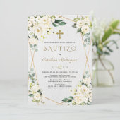Ivory White Floral Spain Invitacion De Bautizo Kaart (Staand voorkant)