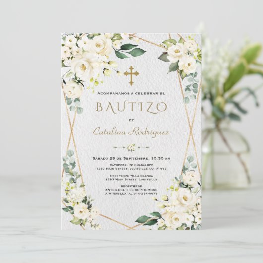 Ivory White Floral Spain Invitacion De Bautizo Kaart (Staand voorkant)