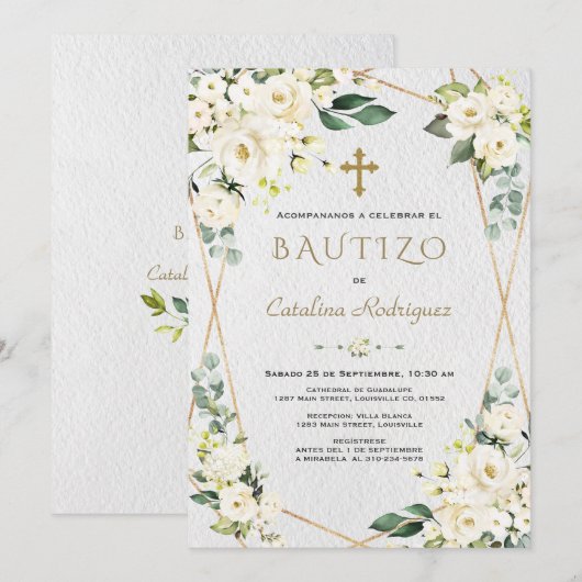 Ivory White Floral Spain Invitacion De Bautizo Kaart (Voorkant / Achterkant)