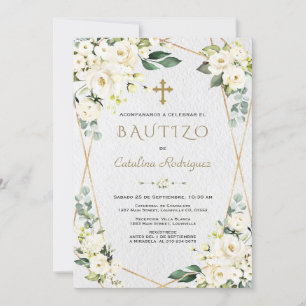 Ivory White Floral Spain Invitacion De Bautizo Kaart