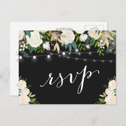 Ivory White Floral String Lights Wedding RSVP Uitnodiging Briefkaart (Voorkant / Achterkant)