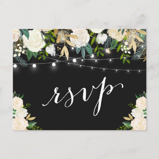 Ivory White Floral String Lights Wedding RSVP Uitnodiging Briefkaart (Voorkant)