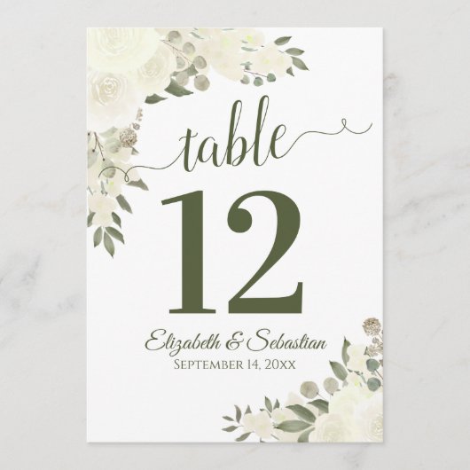 Ivory White Floral Wedding Table Number Kaart Groo (Voorkant)