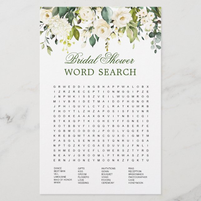 Ivory White Floral Word Search Vrijgezellenfeest (Voorkant)