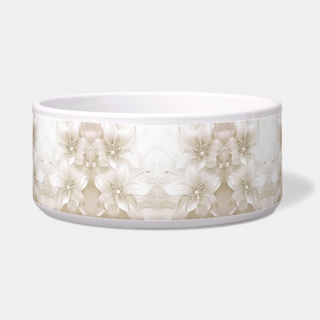 Ivory White Flowers Ceramic Pet Bowl Voerbakje (Voorkant)