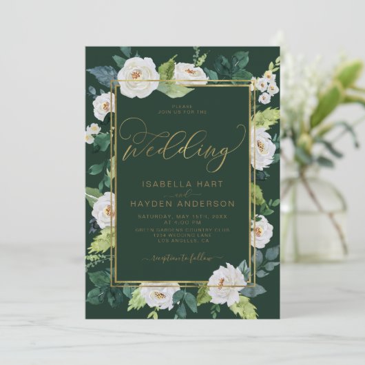 Ivory White Gold Elegan Floral Emerald Wedding Kaart (Staand voorkant)