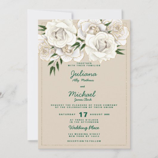 Ivory white gold glitter roses floral Wedding  Kaart (Voorkant)