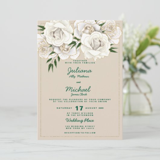 Ivory white gold glitter roses floral Wedding  Kaart (Staand voorkant)
