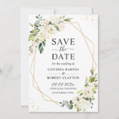 Ivory White Green Floral Modern Gold geometric Save The Date (Voorkant)