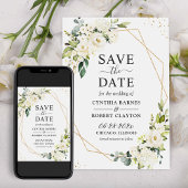 Ivory White Green Floral Modern Gold geometric Save The Date