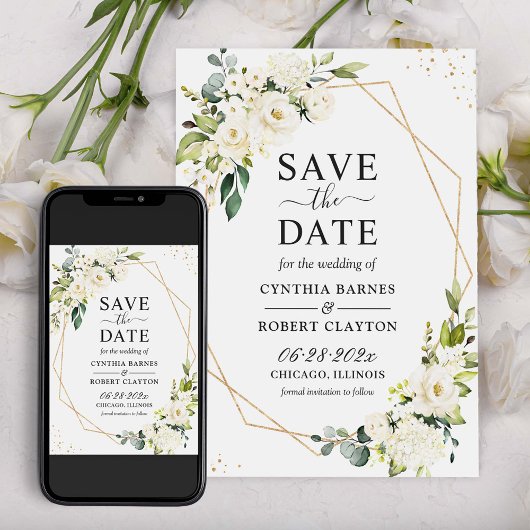 Ivory White Green Floral Modern Gold geometric Save The Date