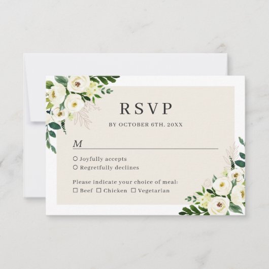 Ivory White Greenery Floral Elegant Wedding RSVP Kaartje (Voorkant)