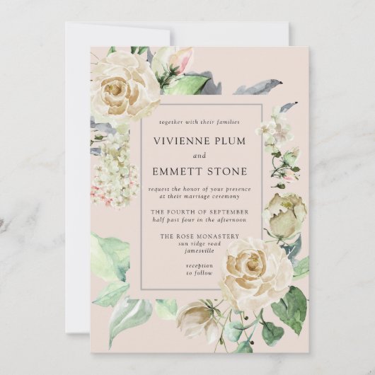 Ivory White Rose Hydrangea Wedding Kaart (Voorkant)