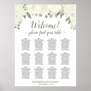 Ivory White Roses 12 Tabel Wedding Seating Chart Poster