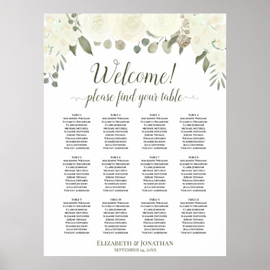 Ivory White Roses 12 Tabel Wedding Seating Chart Poster (Voorkant)