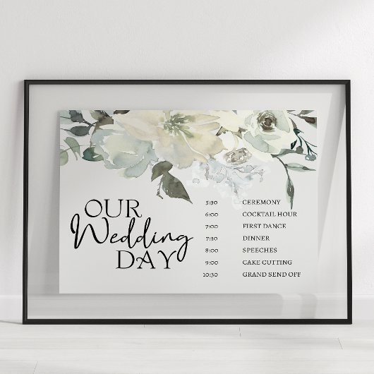 Ivory White Roses Floral Wedding Schedule Poster