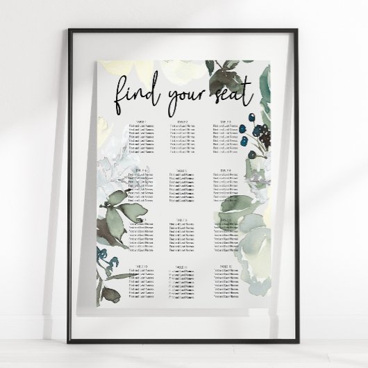 Ivory White Roses Floral Wedding Seating Chart Poster