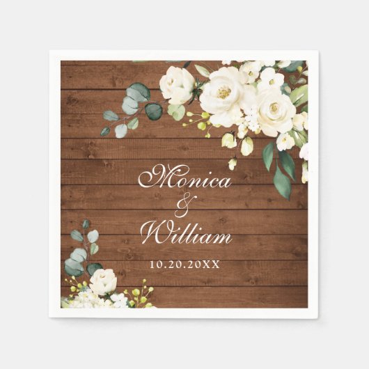 Ivory White Roses Greenery Rustic Wood Wedding Servet (Voorkant)