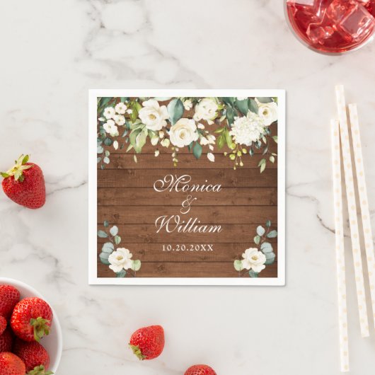Ivory White Roses Greenery Rustic Wood Wedding Servet (Insitu)