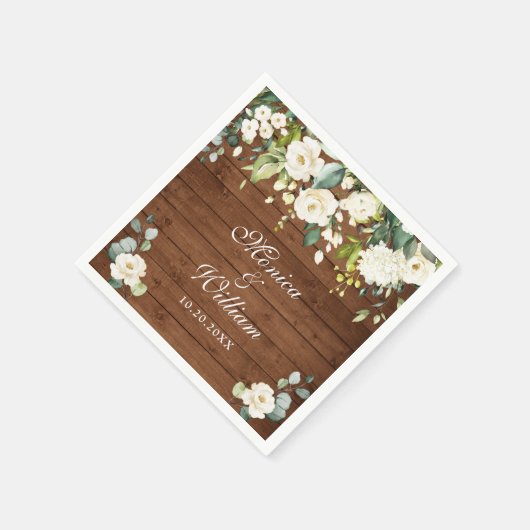 Ivory White Roses Greenery Rustic Wood Wedding Servet (Hoek)