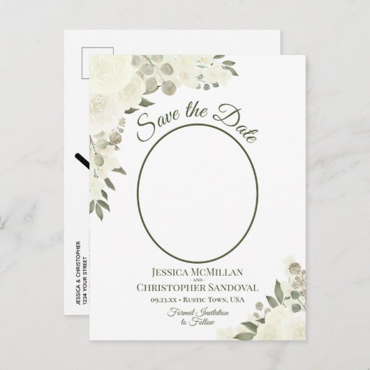 Ivory White Roses Oval Photo Weddenschap Save the  Aankondigingskaart (Voorkant / Achterkant)