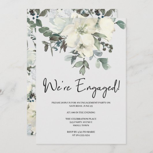 Ivory White Waterverf Floral Engagement Party Kaart (Voorkant / Achterkant)