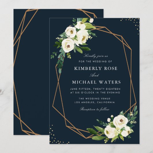 Ivory white waterverf florale geometrische bruilof kaart (Voorkant / Achterkant)