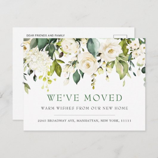 Ivory White Waterverf Flowers Moving Announding Briefkaart (Voorkant / Achterkant)