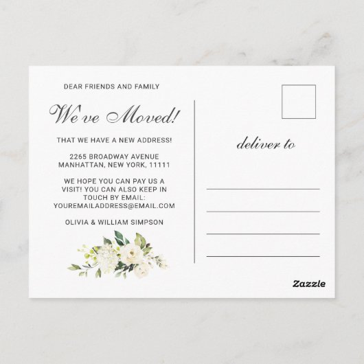 Ivory White Waterverf Flowers Moving Announding Briefkaart (Achterkant)